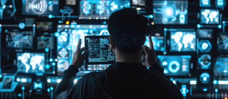 A person using a tablet to control devices. . --ar 16:7 Job ID: 956369f8-a48d-4003-bf3f-bc6ad6aeca5eの素材