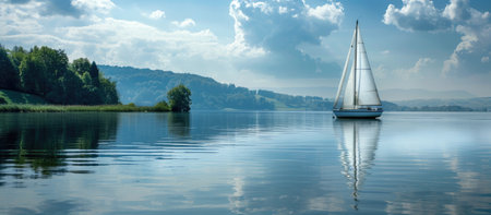 A serene scene of a sailboat on a calm lake. . --ar 16:7 Job ID: 4b03e4d5-3fd0-438b-b0b4-81a0f11ef98eの素材