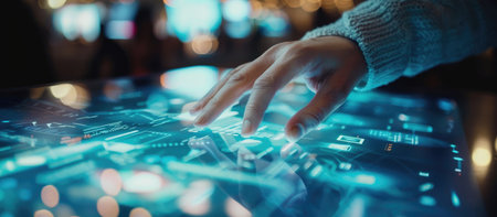A person interacting with a touch screen. . --ar 16:7 Job ID: ff30411c-e223-420a-ac3f-ced0c790f015の素材