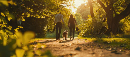 Young couple walking with their dog in the park at sunset time.の素材