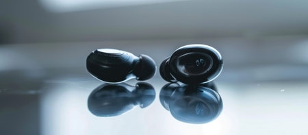 A close-up of a wireless earbud. . --ar 16:7 Job ID: 52963773-d110-4040-addd-299ad95f5a73の素材
