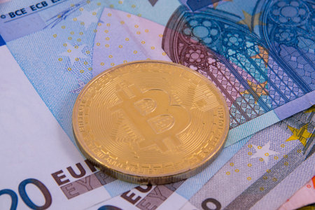 Euro money Bank card gold coin bitcoin closeup