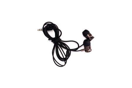 wired metal in-ear headphones isolated on white backgroundの写真素材