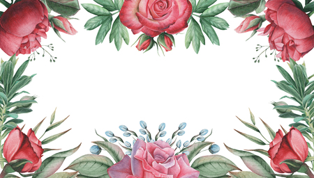 Beautiful watercolor frame border with Flowers and Leaves, isolated on white backgroundの写真素材