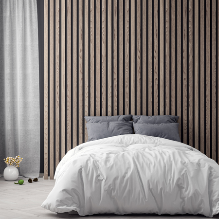 Mock up poster in bedroom interior background with wood wall planks, 3D illustrationの写真素材