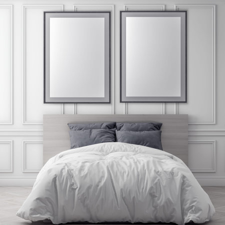 Mock up poster frame in bedroom interior background and classic wall, 3D illustration