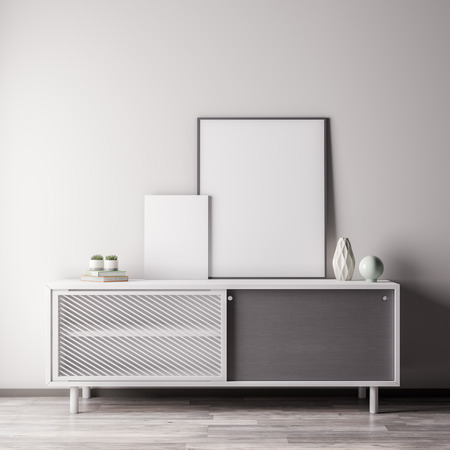 Mock up poster frame in Interior room with white wal, modern style, 3D illustrationの写真素材