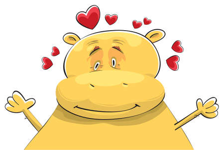 Happy hippopotamus in love. Dreamy look and smile. Hands up ready for hugのイラスト素材