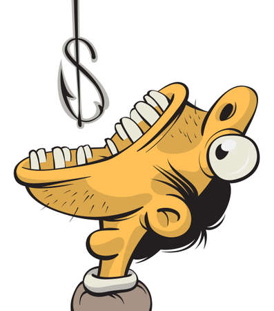 Illustration of a man with wide opened mouth trying to swallow a fishing hook which looks like a dollar signのイラスト素材