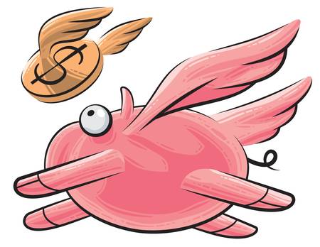 Fat pig with wings flying, following a flying dollar coinのイラスト素材