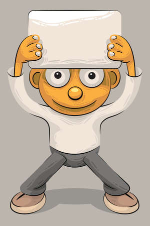 Little boy standing and holding an empty sheet of paper or plate over his headのイラスト素材
