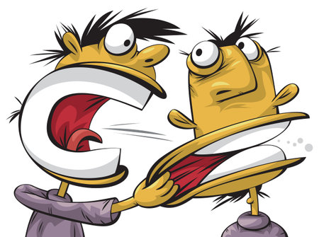 Angry arrogant man is shouting at another calm man のイラスト素材