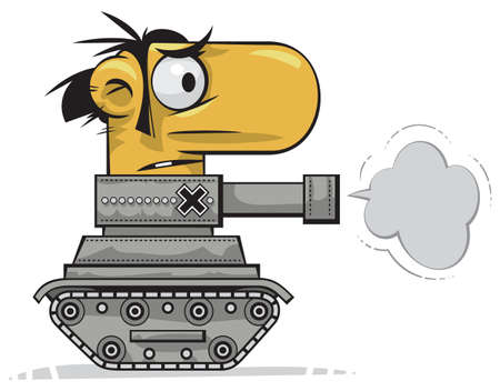 Crazy funny man driving with a tank and shootingのイラスト素材
