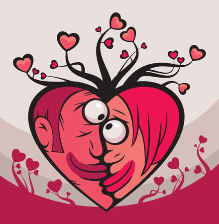 Faces of two lovers woman and man in a shape of heartのイラスト素材