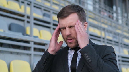 A tired office worker is standing in the middle of the street, he has a headache. A depressed man