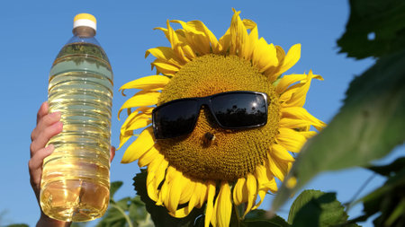 Hand holding bottle of oil in sunflowers field.の写真素材