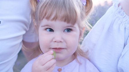 A cute baby eats delicious white grape berries while sitting on his parents arms. Vitamin C