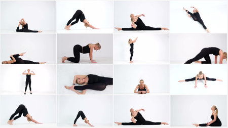 Video collage, Close-up of a beautiful slim athletic woman doing gymnastics and exercisesの写真素材