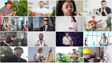 Montage of people of different races, on multiple screens, a diverse group of professional peopleの写真素材