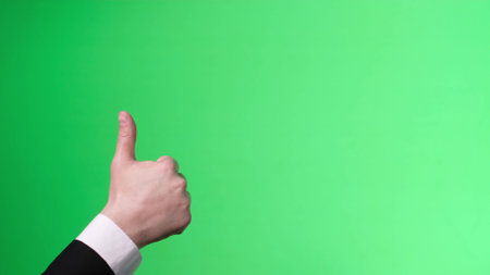 Person gesture sign on green isolated background chroma key. Big finger up.の写真素材
