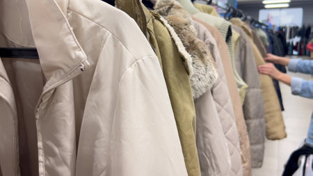 Sale of winter clothes in the shopping center. Sale of clothes at autumn discounts. Woman shopping,の写真素材