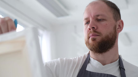 An artist paints a piece of art on a canvas with color oil painting at home. An artist works and creatively works.の写真素材