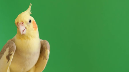 Corella, Nymphicus hollandicus, on a green background in the studio - detailed viewの写真素材