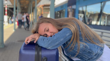 A female traveler sleeps on a suitcase while waiting for a train at a railway station. Concept of tourismの写真素材