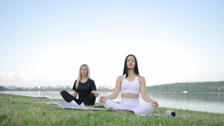 Exercise, and training with a female yogi and friend outside on a grass field for a summer workout.の写真素材