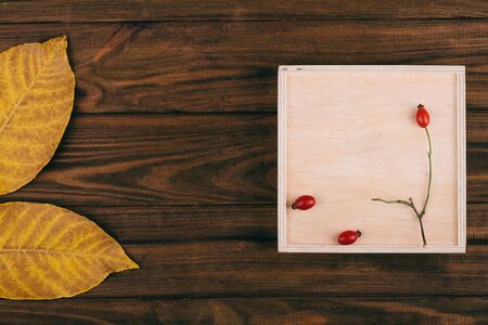 Dark wooden box with background and decorationsの写真素材