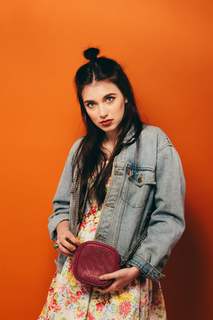 hippie girl outdoors close up. Fashion studio portrait.の写真素材