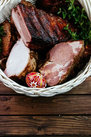 Juicy easter ham on wooden backgroundの写真素材