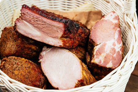Chilled smoked meat on paper craft backgroundの写真素材