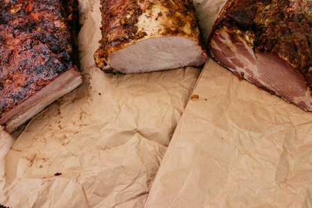 Composition of aromatic, smoked cold cuts. place for textの写真素材