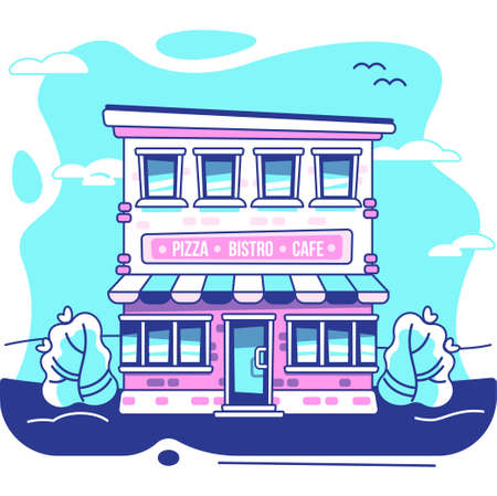 Vector linear illustration of cafe building, pizzeria restaurant facade and bistro, in trendy flat and modern style.のイラスト素材