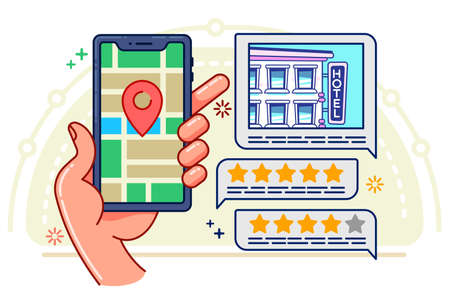 Outline concept illustration in flat style, Online search and booking a hotel. Reviews, comments and reservation app interface for travel.screen template.のイラスト素材