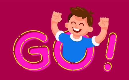 Vector illustration in modern flat style, boy character screaming GO.のイラスト素材