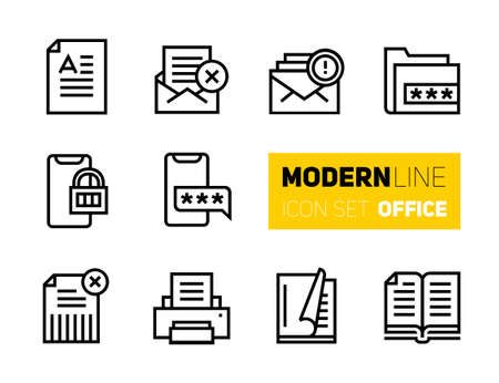 Modern line icons set of office stuff and secure data information. Vector collection, stroke pictogram of basic business essential tools and equipment. Concept thin outline symbols.のイラスト素材