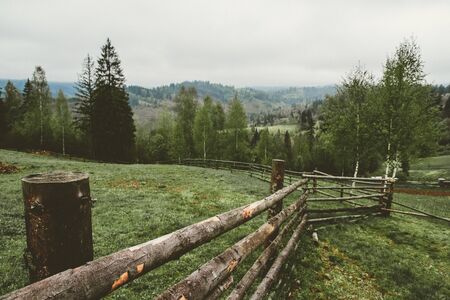 Mountain landscape with fir trees and wooden fencesの写真素材