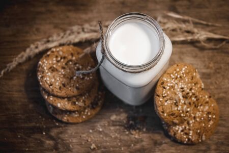 Homemade peanut butter cookies on the chopping board.の写真素材