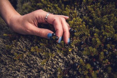 Cinematic view of thoughtful woman in depression touching the stone moss in nature and exchanging emotion energyの写真素材