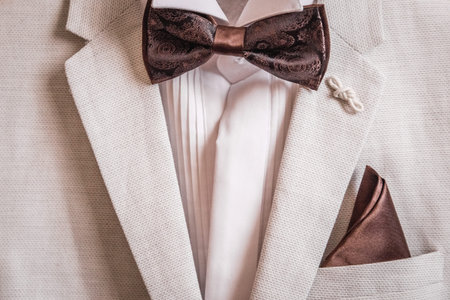 Mens suit, shirt and handkerchief butterfly, handkerchief in the pocket. Wedding details, mens...