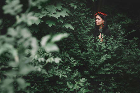 Beautiful girl in black dress and red decorations that holds a twig in her hand against the background of the forest. Space for your text message or promotional contentの写真素材