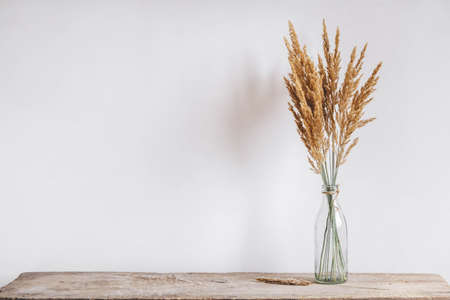 Still life of a bouquet of dried flowers in a glass bottle on a wooden table. Place for text or advertisingの写真素材