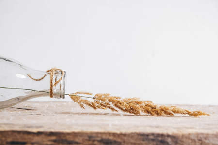 Still life of a bouquet of dried flowers in a glass bottle on a wooden table. Place for text or advertisingの写真素材