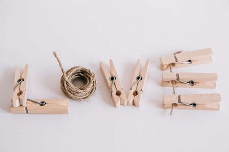 Set of clothespins isolated on white background.の写真素材