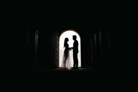Silhouette of loving couple hugging while standing in doorway on black background. Bride and groom in wedding day posing in a doorway.の写真素材