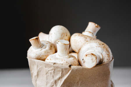 Mushrooms champignons lie in a row on a white table on a dark background. Place for text or advertising. Design border.の写真素材