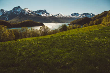 Norway mountains and landscapes on the islands Lofoten. Natural scandinavian landscape. Place for text or advertising.の写真素材