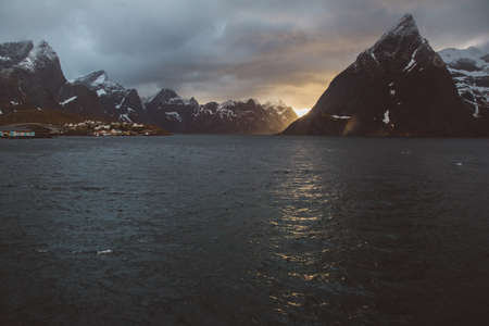 Norway mountains and landscapes on the islands Lofoten. Natural scandinavian landscape. Place for text or advertising.の写真素材